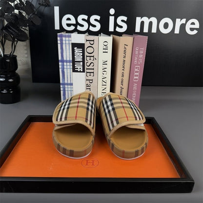 【#A293】Unisex Vintage Plaid Slide Sandals, Adjustable Velcro Strap Non-Slip Platform Open Toe Slippers for Couple