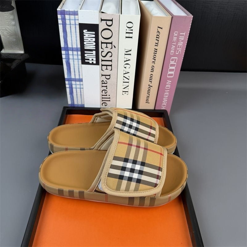 【#A293】Unisex Vintage Plaid Slide Sandals, Adjustable Velcro Strap Non-Slip Platform Open Toe Slippers for Couple