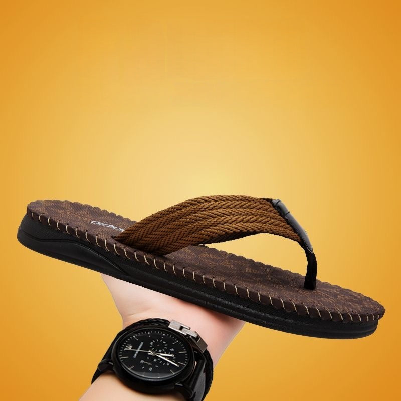 【#A294】Men's Woven Strap Flip Flops, Vintage Check Pattern Non-Slip Thick Sole Beach Slippers
