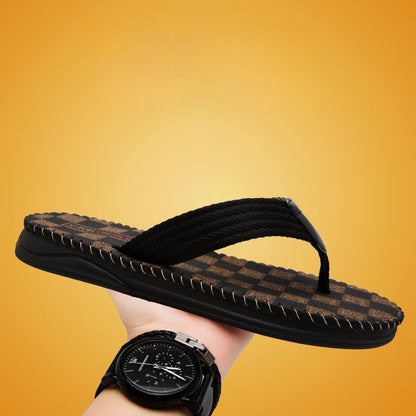 【#A294】Men's Woven Strap Flip Flops, Vintage Check Pattern Non-Slip Thick Sole Beach Slippers
