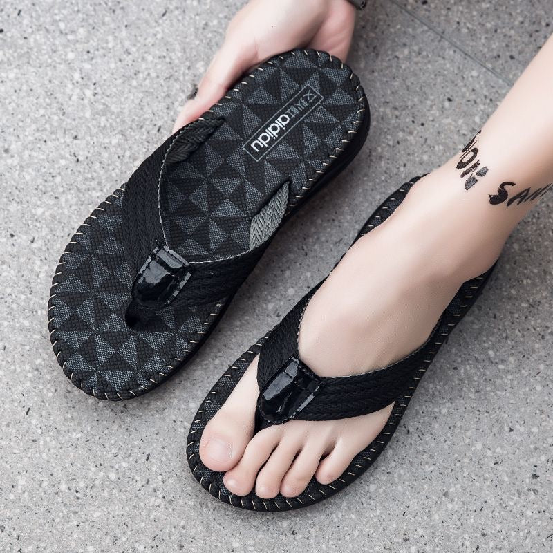 【#A294】Men's Woven Strap Flip Flops, Vintage Check Pattern Non-Slip Thick Sole Beach Slippers