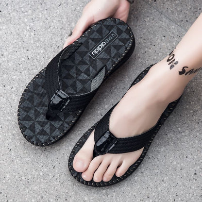 【#A294】Men's Woven Strap Flip Flops, Vintage Check Pattern Non-Slip Thick Sole Beach Slippers