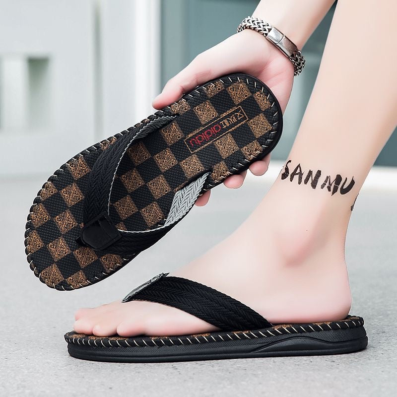 【#A294】Men's Woven Strap Flip Flops, Vintage Check Pattern Non-Slip Thick Sole Beach Slippers