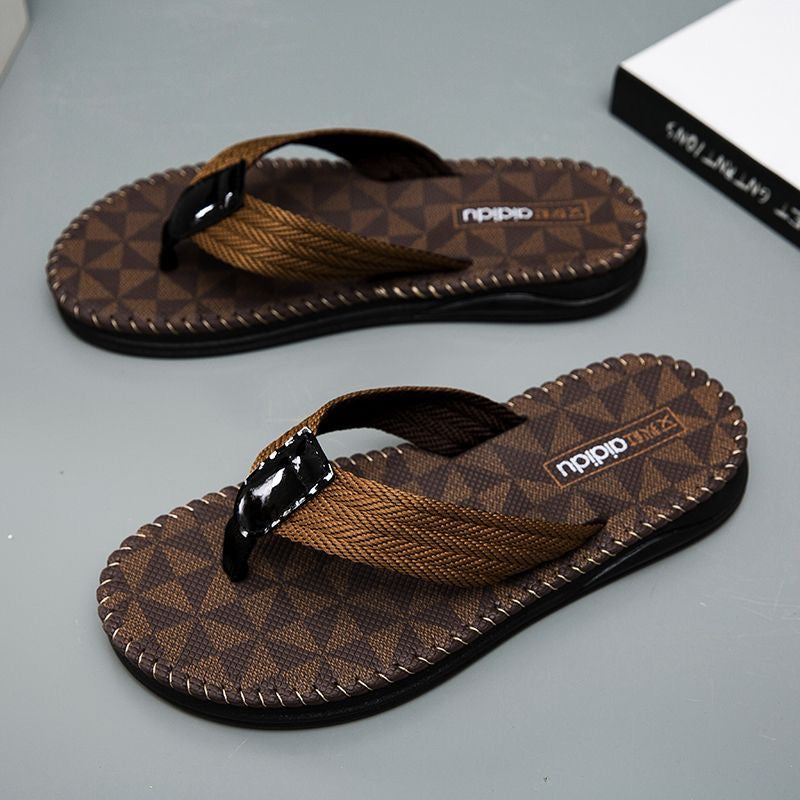 【#A294】Men's Woven Strap Flip Flops, Vintage Check Pattern Non-Slip Thick Sole Beach Slippers