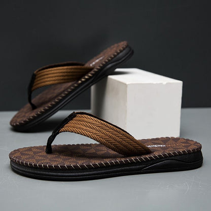 【#A294】Men's Woven Strap Flip Flops, Vintage Check Pattern Non-Slip Thick Sole Beach Slippers