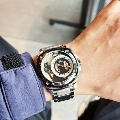 【#A295】Men's Hollow Out Mechanical Style Steel Band Watch, Large Square Dial Waterproof Business Wristwatch