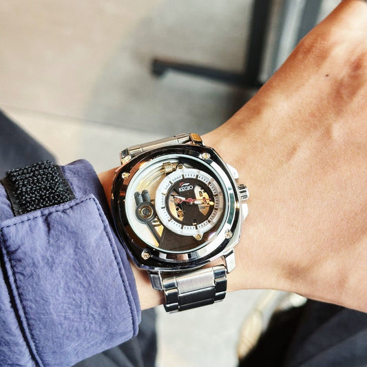 【#A295】Men's Hollow Out Mechanical Style Steel Band Watch, Large Square Dial Waterproof Business Wristwatch