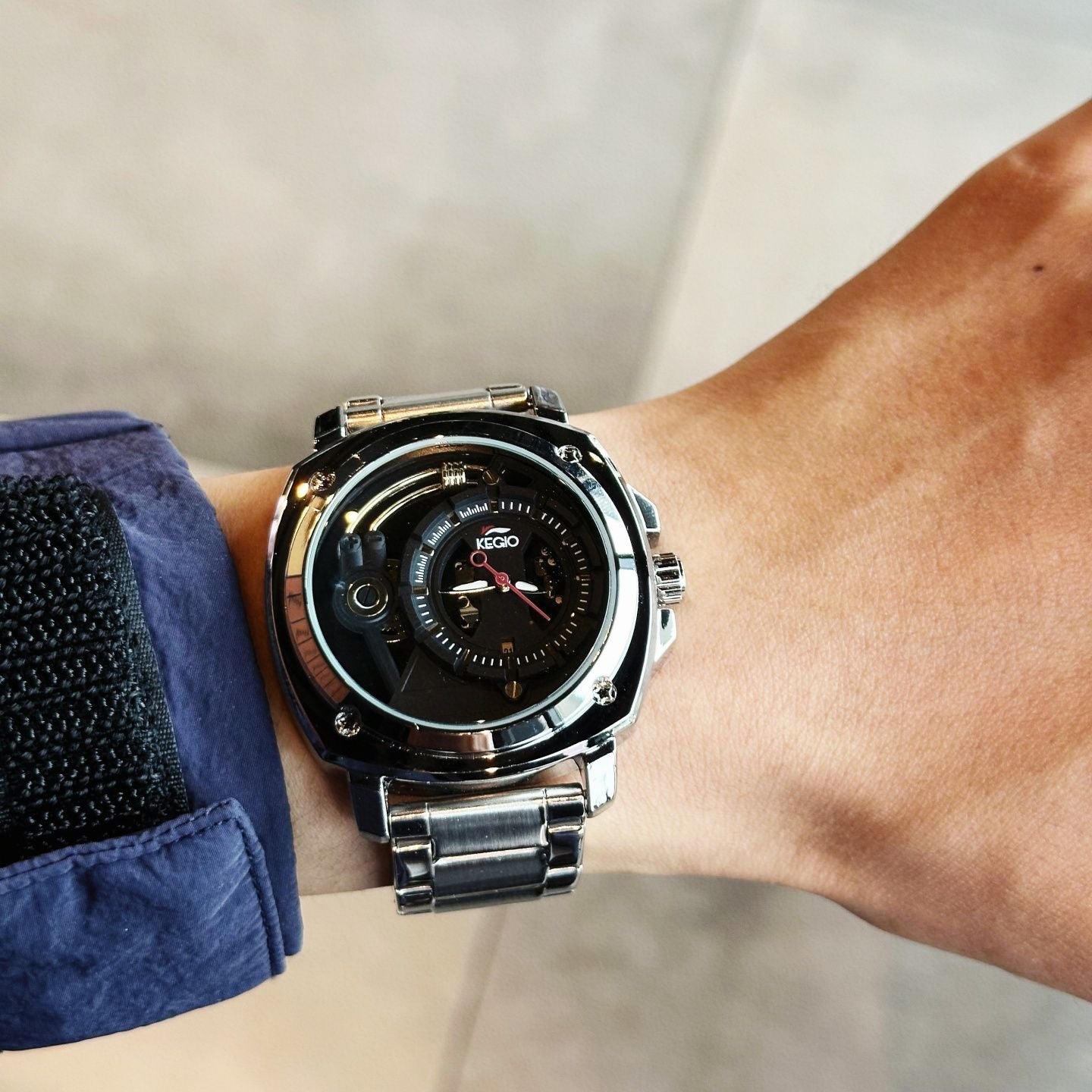 【#A295】Men's Hollow Out Mechanical Style Steel Band Watch, Large Square Dial Waterproof Business Wristwatch