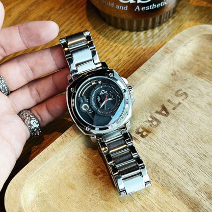 【#A295】Men's Hollow Out Mechanical Style Steel Band Watch, Large Square Dial Waterproof Business Wristwatch