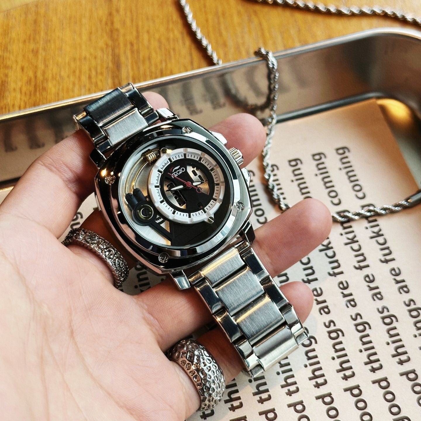 【#A295】Men's Hollow Out Mechanical Style Steel Band Watch, Large Square Dial Waterproof Business Wristwatch