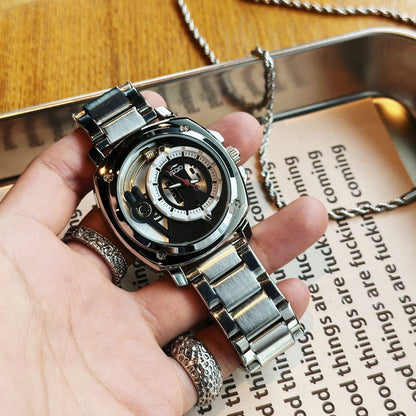 【#A295】Men's Hollow Out Mechanical Style Steel Band Watch, Large Square Dial Waterproof Business Wristwatch