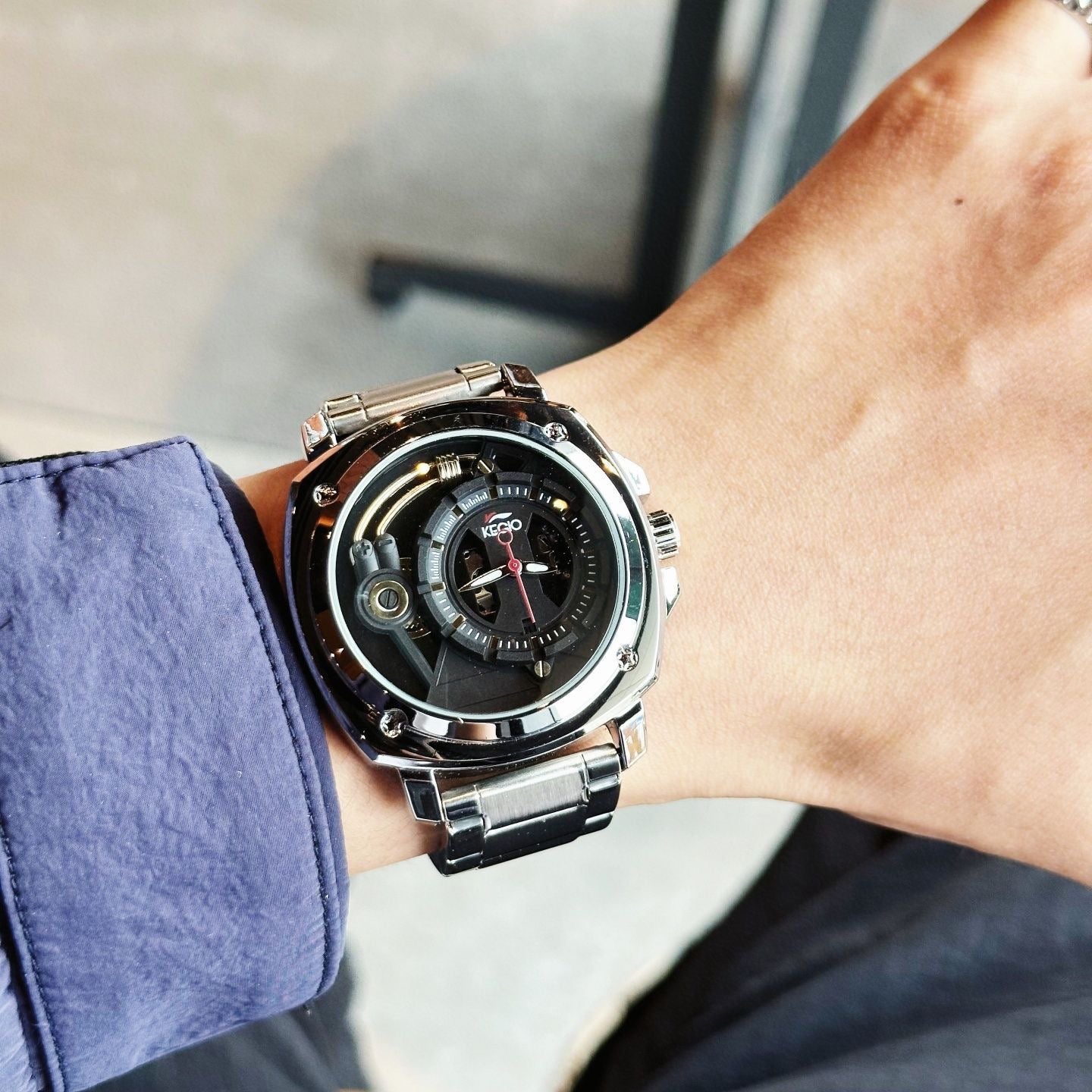 【#A295】Men's Hollow Out Mechanical Style Steel Band Watch, Large Square Dial Waterproof Business Wristwatch