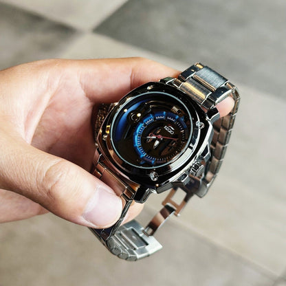 【#A295】Men's Hollow Out Mechanical Style Steel Band Watch, Large Square Dial Waterproof Business Wristwatch
