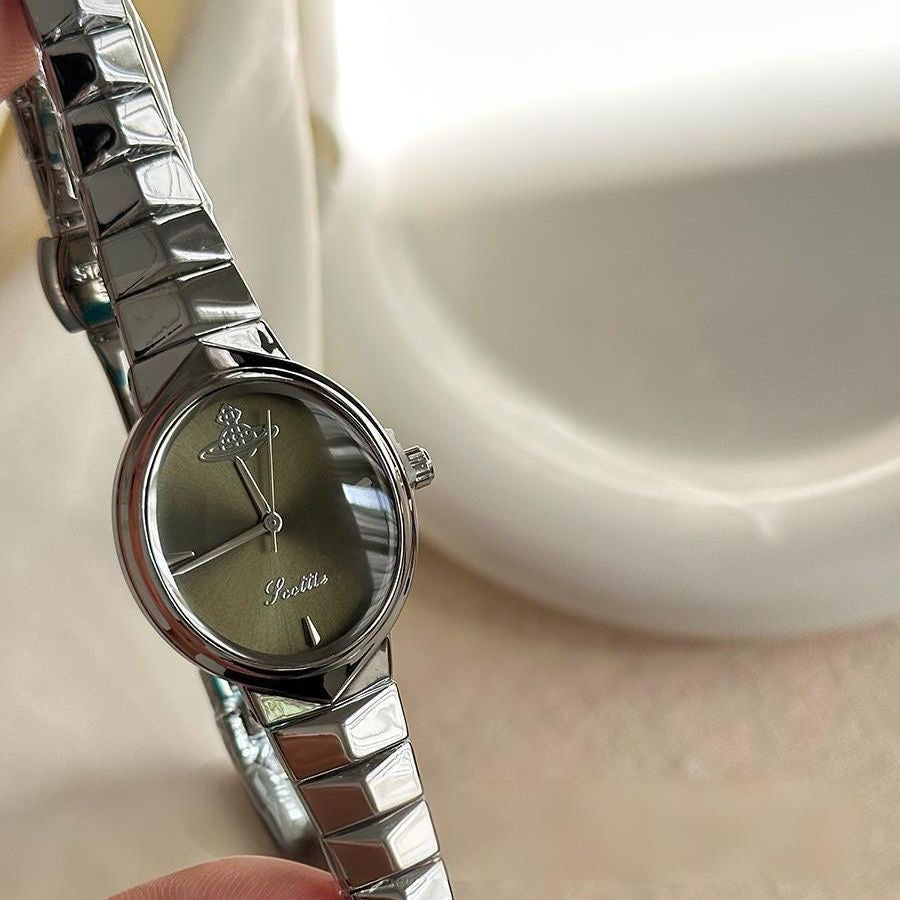 【#A296】Women's Small Oval Dial Saturn Logo Steel Band Watch, Luxury Narrow Wrist Watch Gift for Her