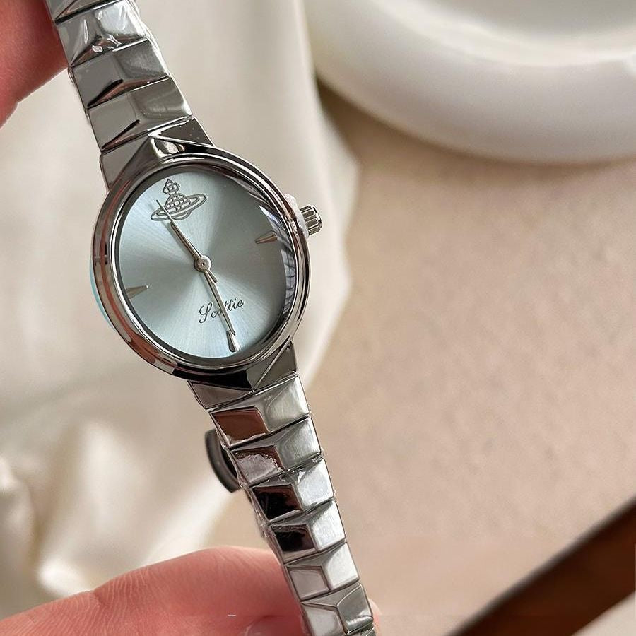 【#A296】Women's Small Oval Dial Saturn Logo Steel Band Watch, Luxury Narrow Wrist Watch Gift for Her