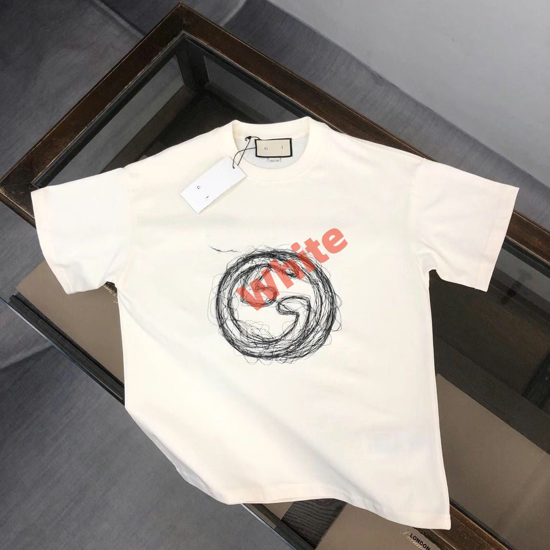 【#A303】Sketch Line Print Loose Short Sleeve T-Shirt, Unisex Heavy Cotton Crew Neck Casual Top