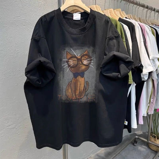【#A304】Vintage Washed Cat Print Short Sleeve T-Shirt, Oversized Drop Shoulder Unisex Cotton Crew Neck Top