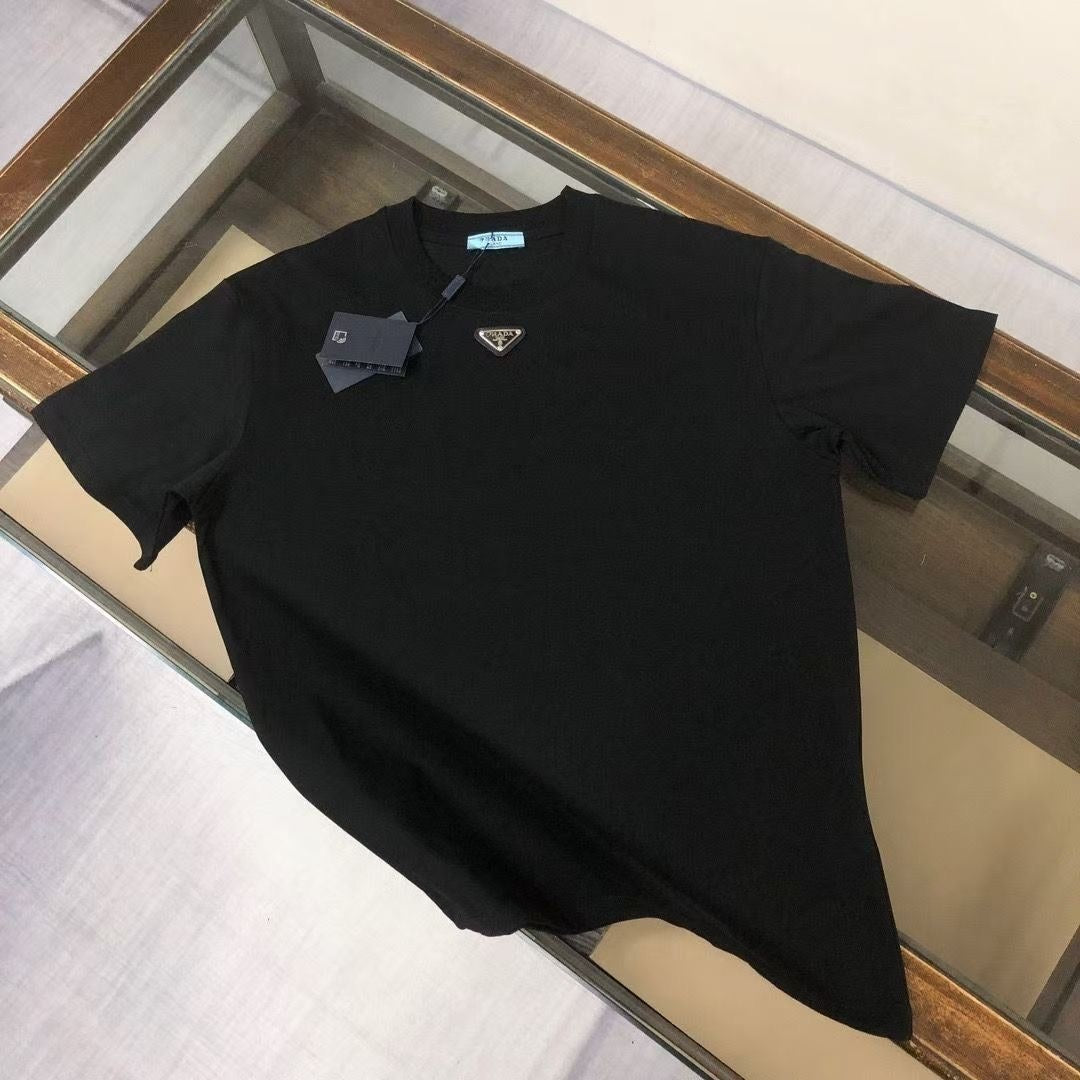 【#A306】Minimal Triangle Badge Crew Neck Solid Color T-Shirt Unisex