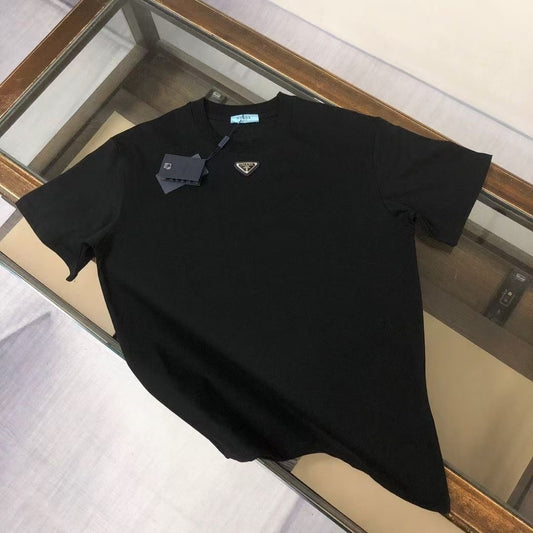 【#A306】Minimal Triangle Badge Crew Neck Solid Color T-Shirt Unisex