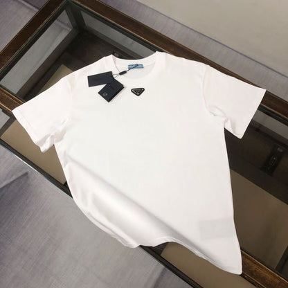 【#A306】Minimal Triangle Badge Crew Neck Solid Color T-Shirt Unisex
