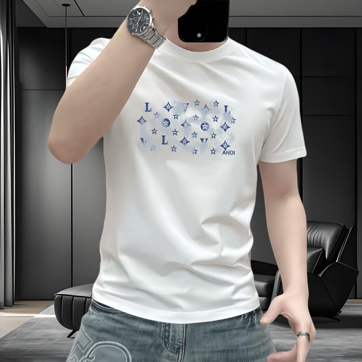 【#A307】Men's Slim Crew Neck T-Shirt With Star & Letter Print