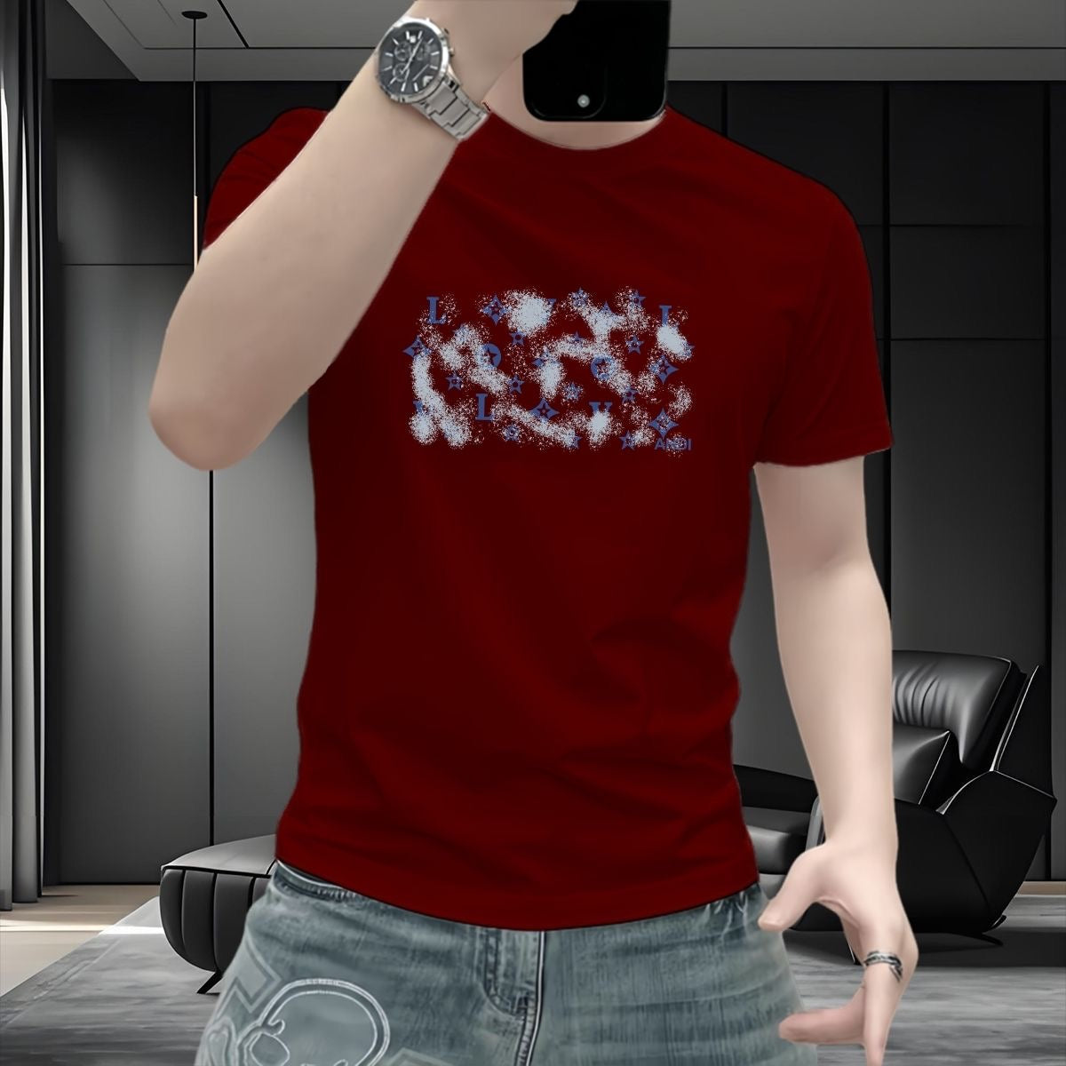 【#A307】Men's Slim Crew Neck T-Shirt With Star & Letter Print