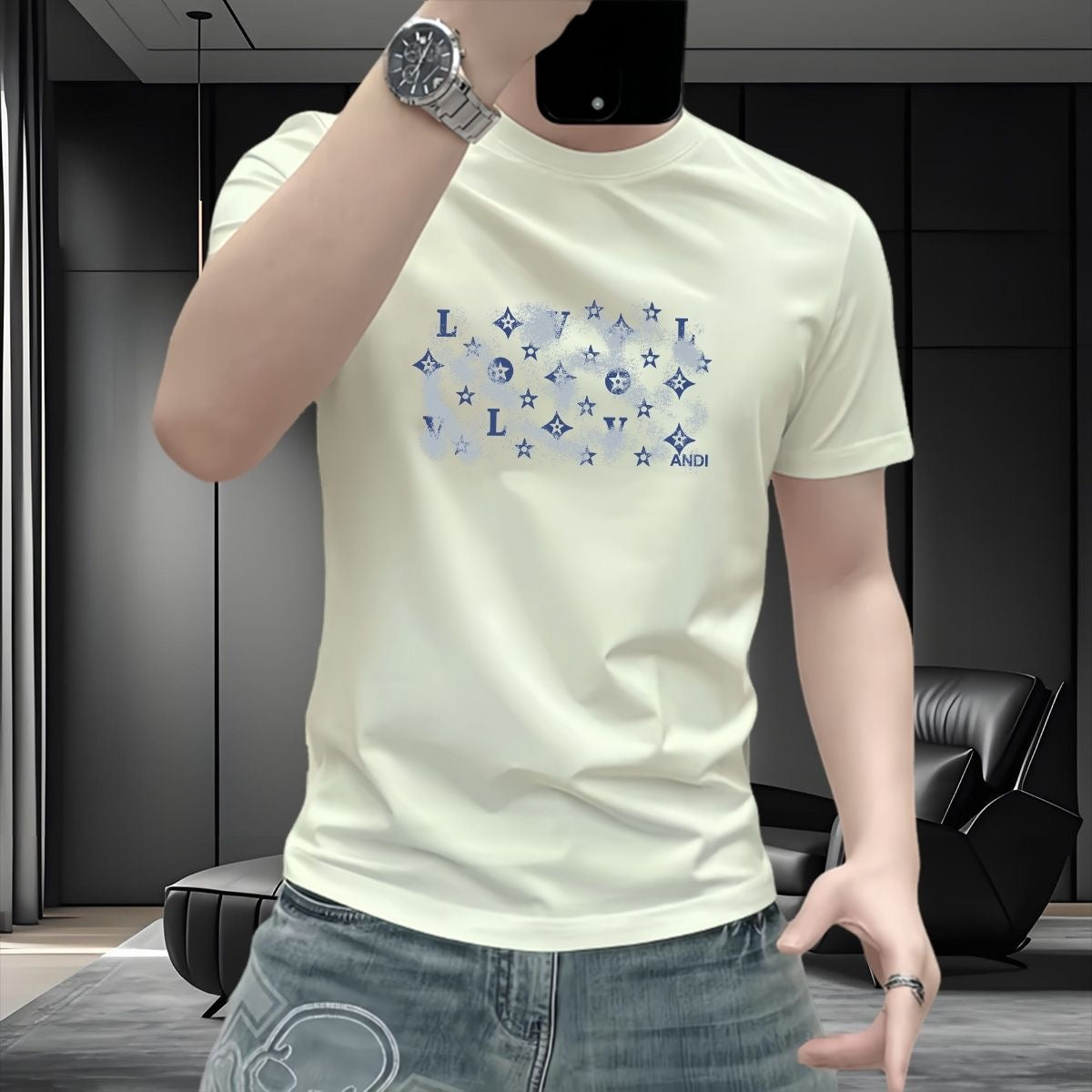 【#A307】Men's Slim Crew Neck T-Shirt With Star & Letter Print