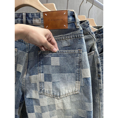 【#A313】Vintage Washed Jacquard Denim Five-Point Shorts For Men