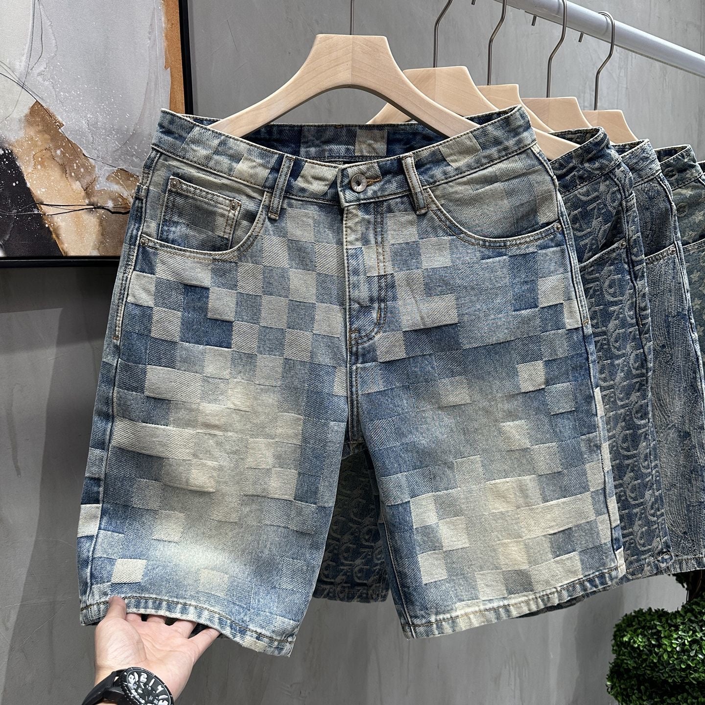 【#A313】Vintage Washed Jacquard Denim Five-Point Shorts For Men