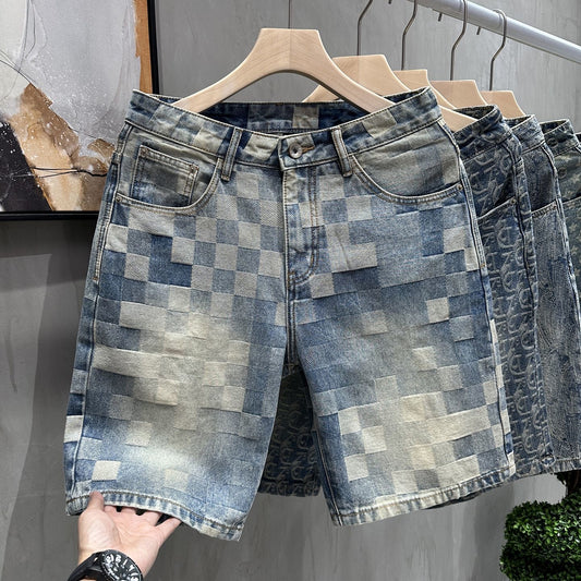 【#A313】Vintage Washed Jacquard Denim Five-Point Shorts For Men