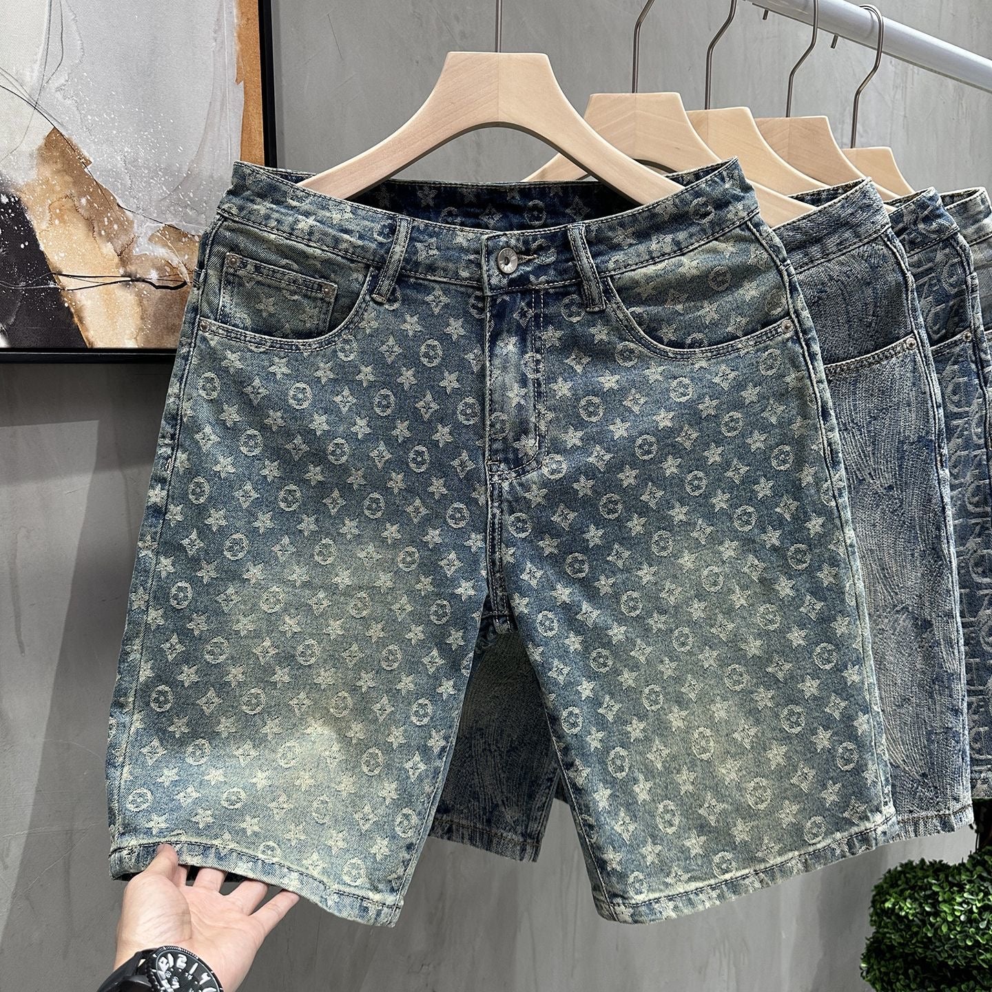 【#A313】Vintage Washed Jacquard Denim Five-Point Shorts For Men