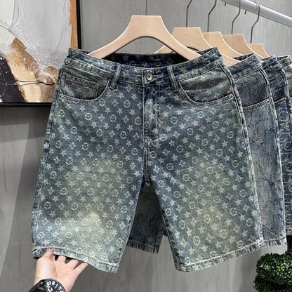 【#A313】Vintage Washed Jacquard Denim Five-Point Shorts For Men