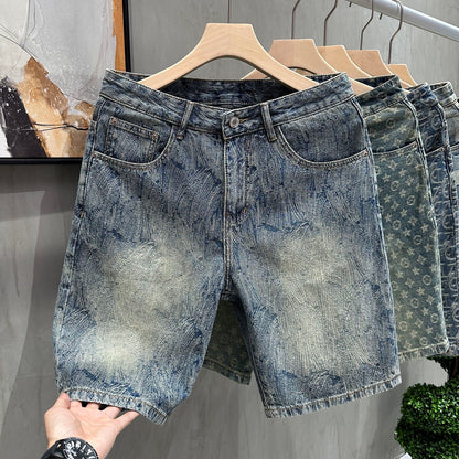 【#A313】Vintage Washed Jacquard Denim Five-Point Shorts For Men