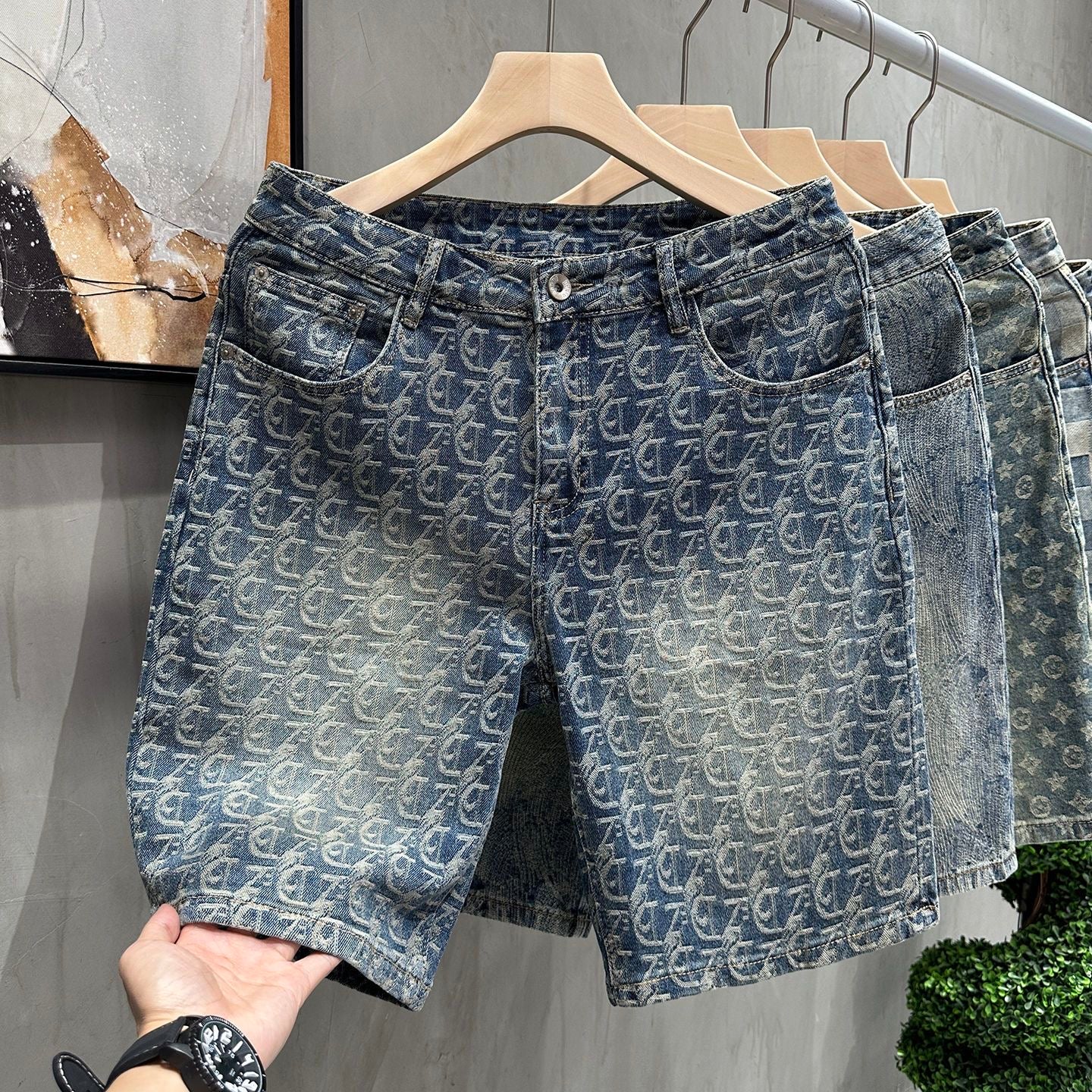 【#A313】Vintage Washed Jacquard Denim Five-Point Shorts For Men