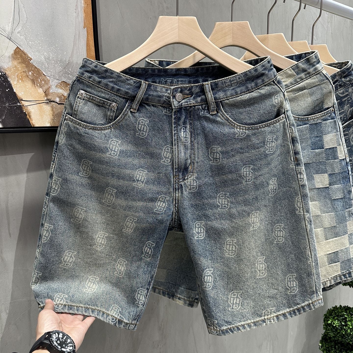 【#A313】Vintage Washed Jacquard Denim Five-Point Shorts For Men