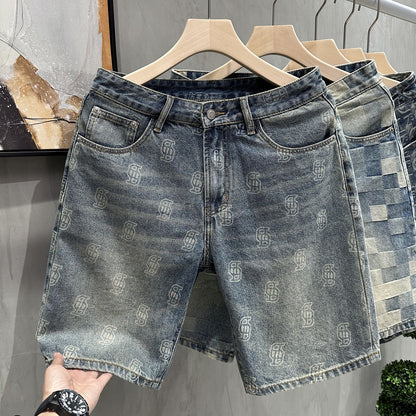 【#A313】Vintage Washed Jacquard Denim Five-Point Shorts For Men