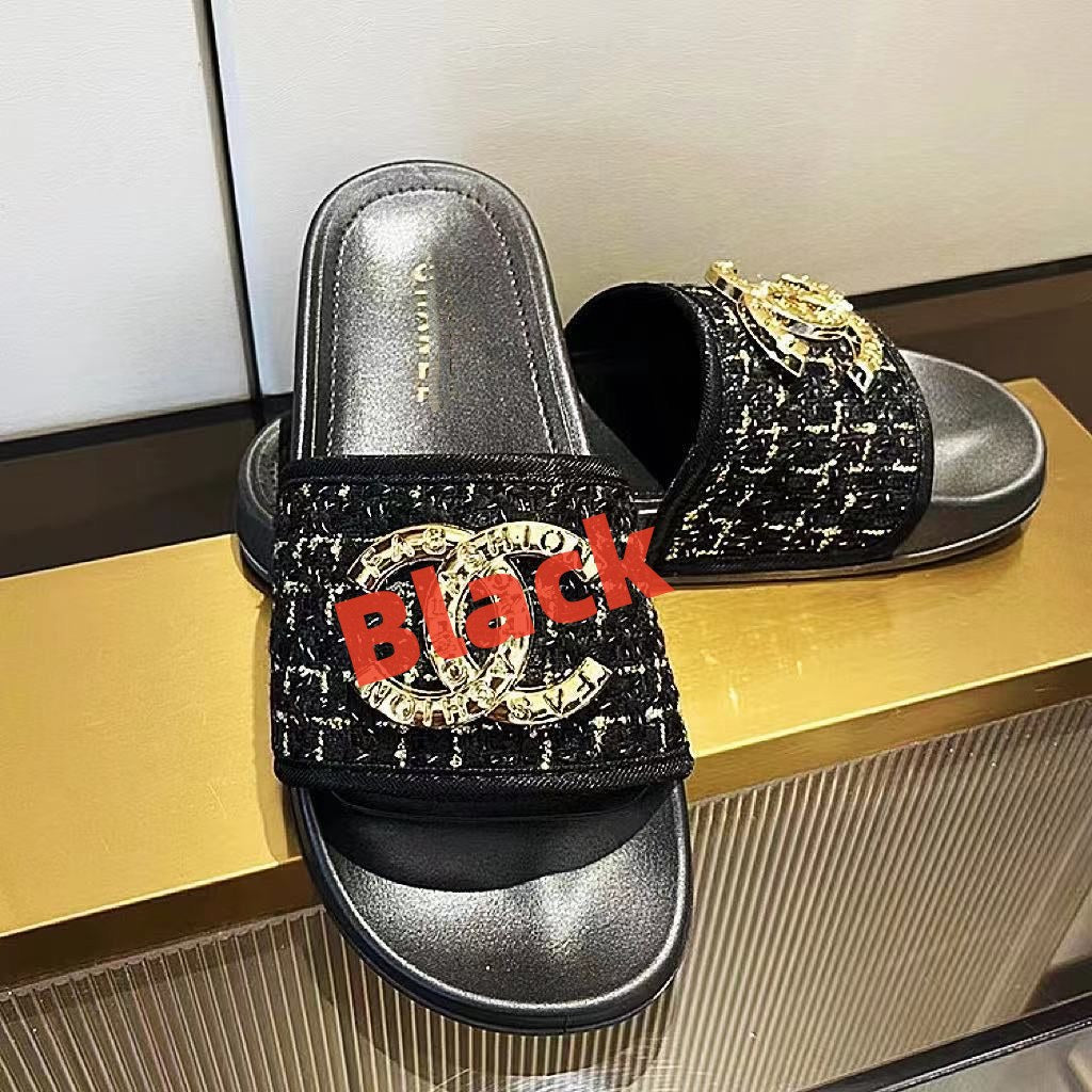 【#A315】Women's Tweed Slide Sandals For Outdoor Wear