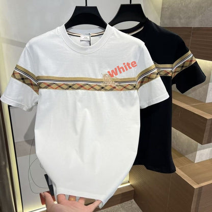 Vintage Plaid Spliced Embroidered Crew Neck T-Shirt