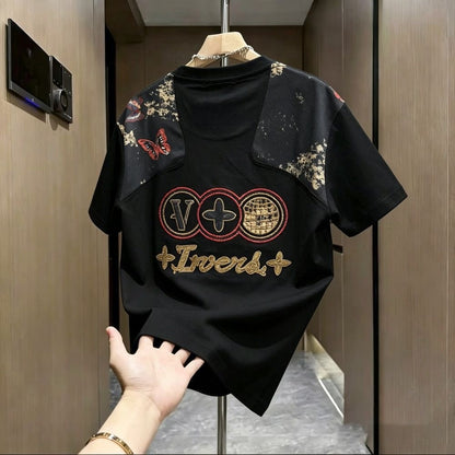 Vintage Butterfly Spliced Embroidered Crew Neck T-Shirt