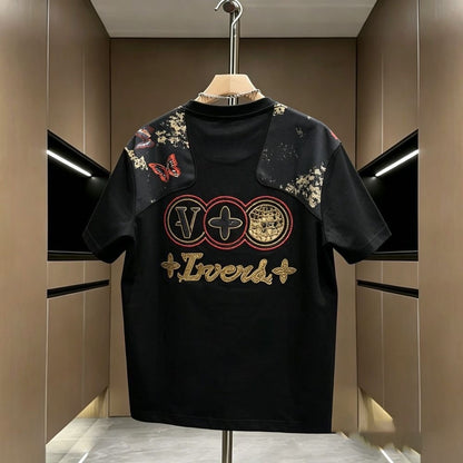 Vintage Butterfly Spliced Embroidered Crew Neck T-Shirt