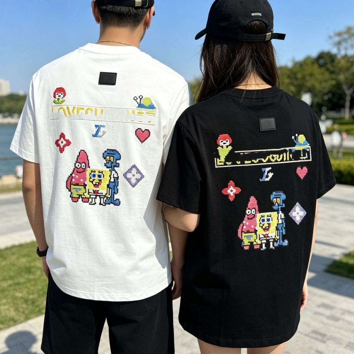 Unisex Cartoon Pixel Embroidered Crew Neck T-Shirt