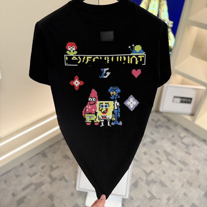 Unisex Cartoon Pixel Embroidered Crew Neck T-Shirt
