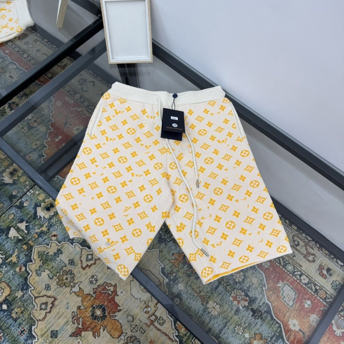 Vintage All-Over Print Knit Drawstring Casual Shorts