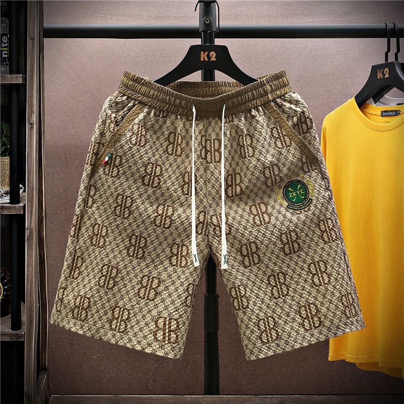 Vintage All-Over Print Drawstring Casual Five-Point Shorts
