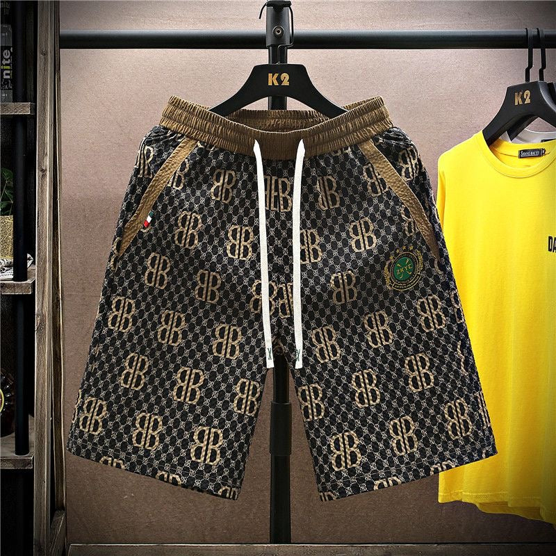 Vintage All-Over Print Drawstring Casual Five-Point Shorts