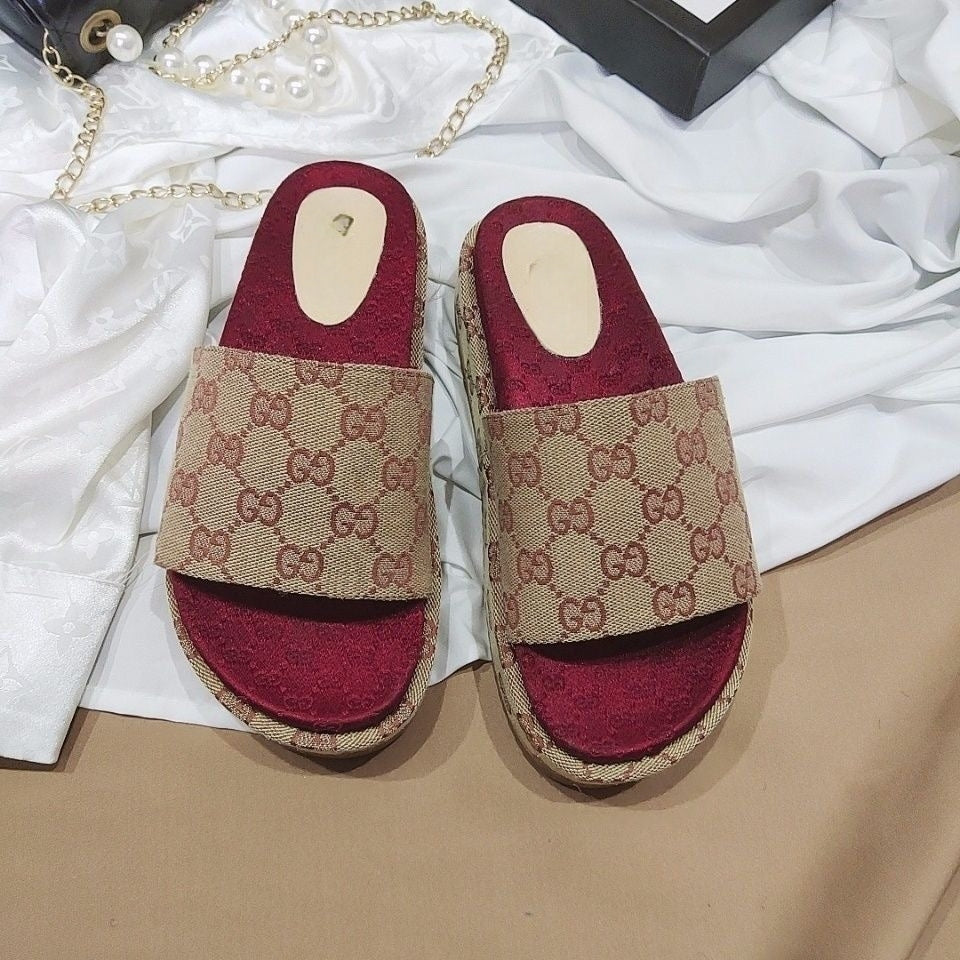 Vintage All-Over Print Platform Slide Sandals