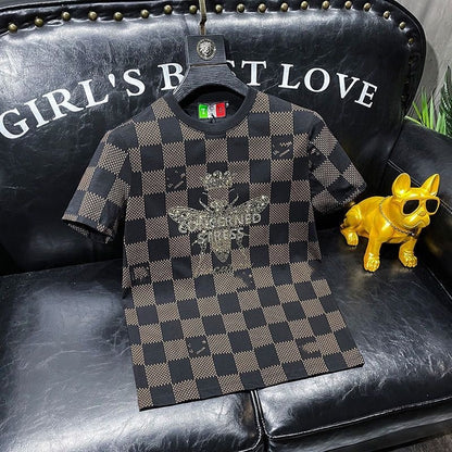 【#A332】Checkerboard Rhinestone Bee Men's Crew Neck Short Sleeve T-Shirt