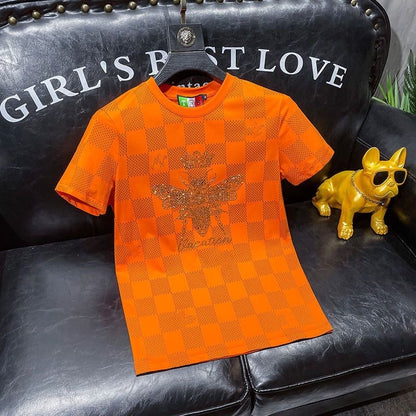 【#A332】Checkerboard Rhinestone Bee Men's Crew Neck Short Sleeve T-Shirt