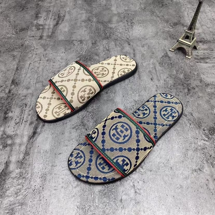 【#A335】Vintage Monogram Slide Sandals, Luxury Indoor & Outdoor Slippers