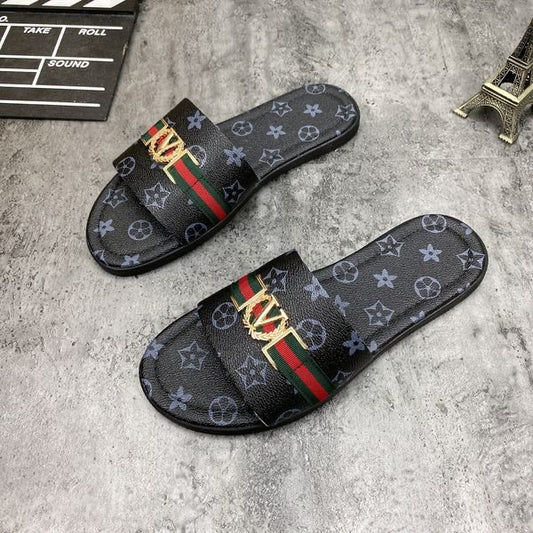 【#A336】Vintage All Over Print Slide Sandals With Metal Buckle, Unisex Non-slip Slippers For Indoor & Outdoor